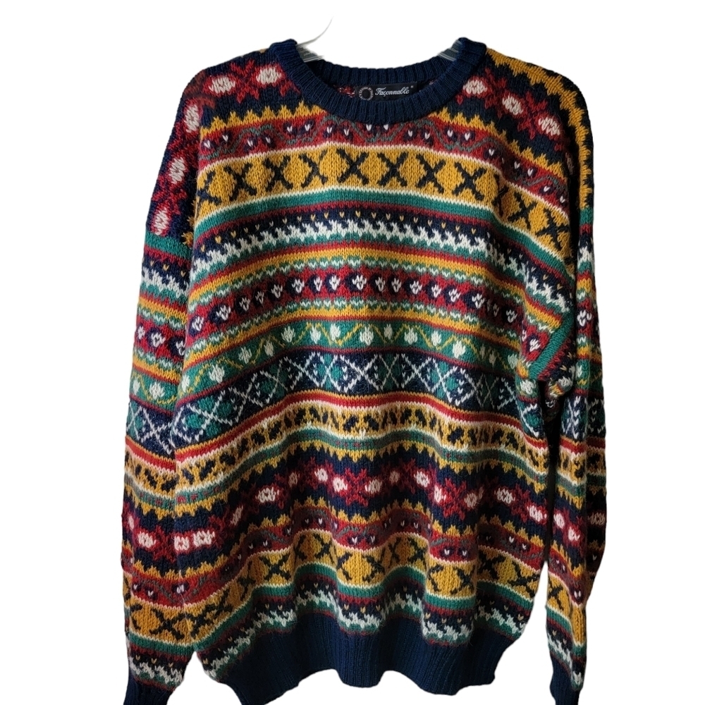 FACONNABLE vintage men's multi-pattern alpaca hand knit sweater - Picture 3 of 7